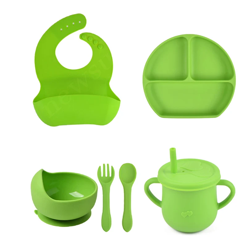 6PCS/Set Baby Silicone Tableware Cup  Bowl Plate/Tray Bibs Spoon Fork Sets Children Non-slip Feeding BPA Free Dinnerware Dinner