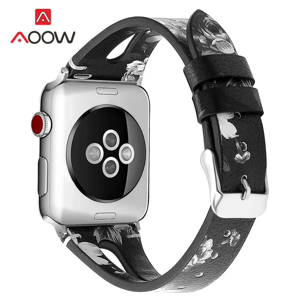 Ремешок из натуральной кожи для Apple Watch 4 40 мм 44 мм 38 мм 42 мм цветочный принт розовое золото мужской женский браслет ремешок для iwatch 1 2 3