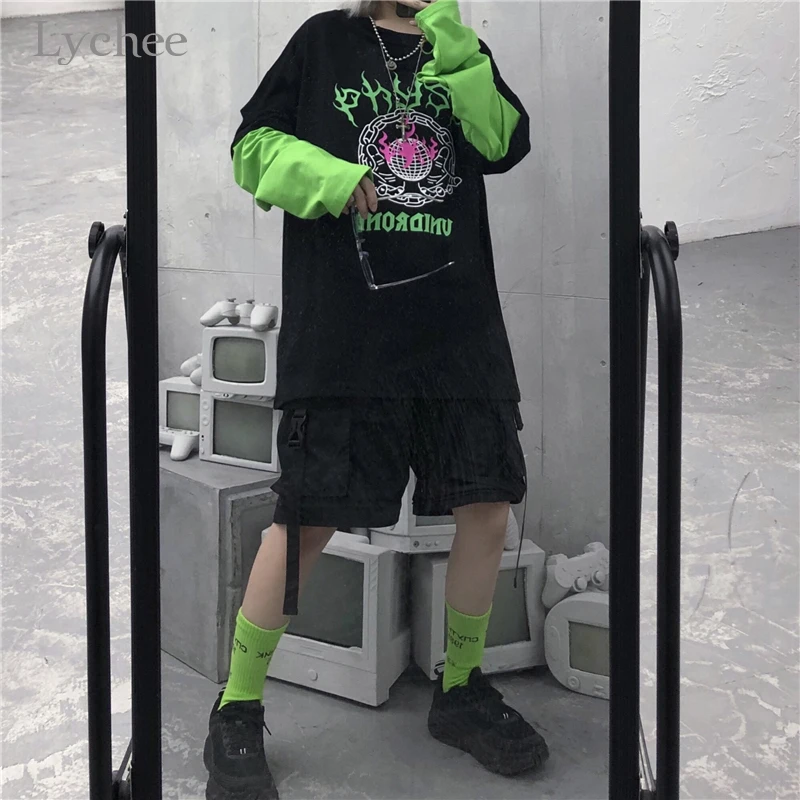 Личи Harajuku пламени с буквенным принтом в стиле пэчворк Женская футболка осень