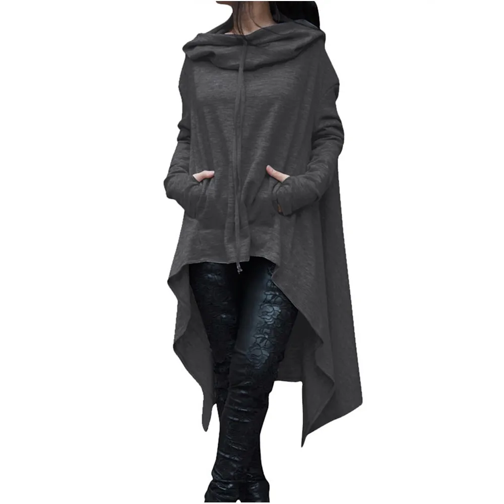  Women Hoodies Autumn Faith Causal Loose Solid Irregular Cloak Pullovers Fashion Pocket Drawstring C