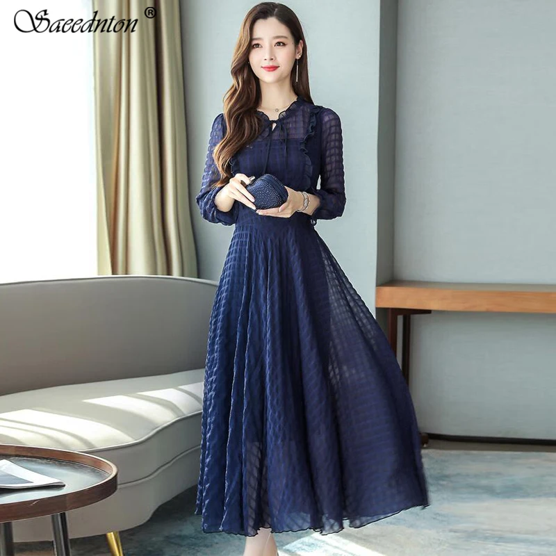 

Elegant Bow Collar Dress For Women 2019 Winter Female Vintage Lantern 3/4 Sleeve Lace Ruffles Ol Work Dresses Bodycon Vestidos