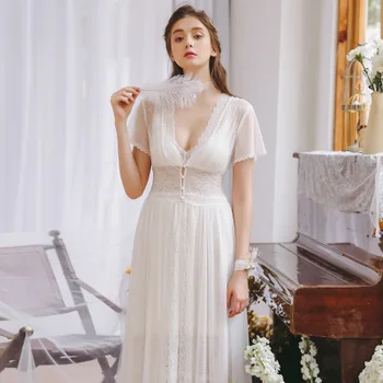 

HaloSweet Sexy Lace Nightgown And Robe Suit Louge Set Sleepwear Women Pajamas Female Dressing Long Robe Peignoir Lace Transparen