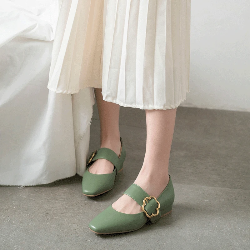 

2019 Spring New Style Literature And Art Retro Square Head Low-Cut Genuine Leather Flat Keel Thin Shoes Mori Girl Buckle Flat He