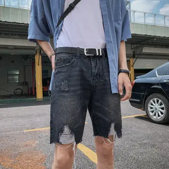 

2020 Summer New Men's Solid Color Hole Denim Shorts Fashion Casual Loose Large Size Five-point Pants Blue / Black 28-36