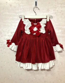 

2019 Girls Red Christmas Day Party Dress Plus Velvet Long Sleeve Dress Spring and Autumn Winter Velvet Princess Dress