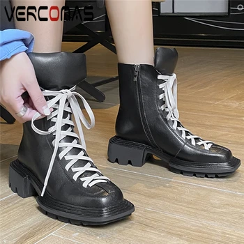 

VERCONAS Fashion Women Ankle Boots Autumn Winter Genuine Leather Shoes Woman Square Toe Thick Heels Zipper Outdoor Casual Boots