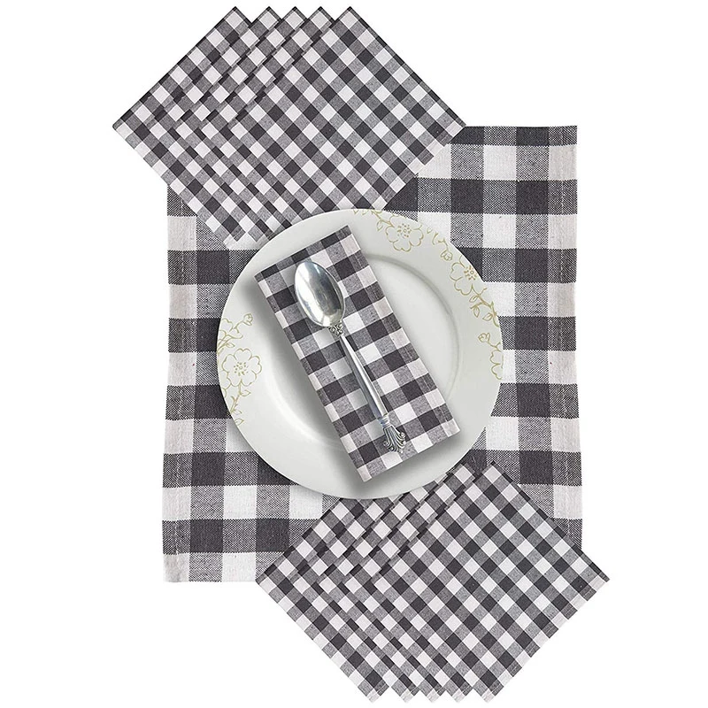 Cotton Dinner Napkins Black& White Check, Set of 12(20 x 20 Inches), over Sized, Embroidery and Print, Lint Free, Quick Dry, H