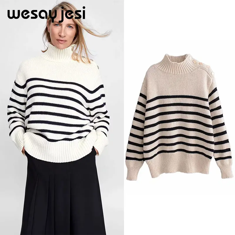 

Female winter sweater loose turtleneck sweater winter women 2019 striped print Korean female backing sweater coat thick