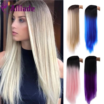 

AILIADE 24 Inch Long Straight Synthetic Wig Ombre Blue Purple Pink For White /Black Women Middle Part Nature Wigs Heat Resistant