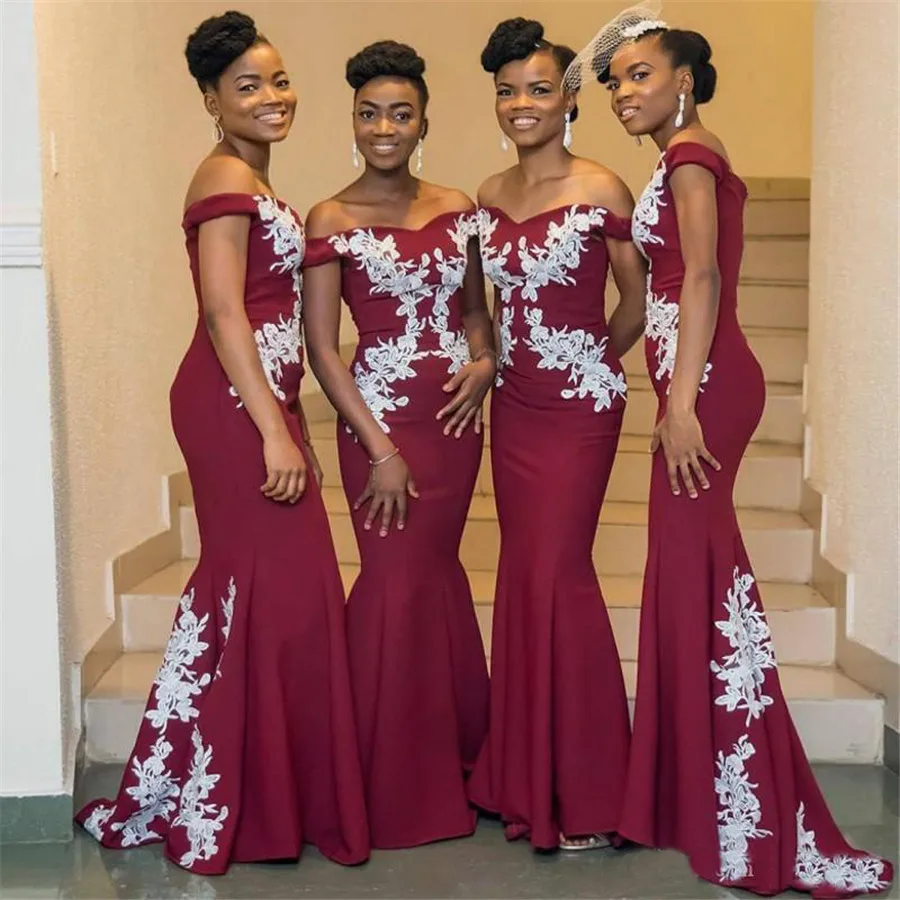 

robe de soriee African Off The Shoulder Mermaid Burgundy Bridemaid Dresses White Appliques Sweetheart Wedding Party Gowns