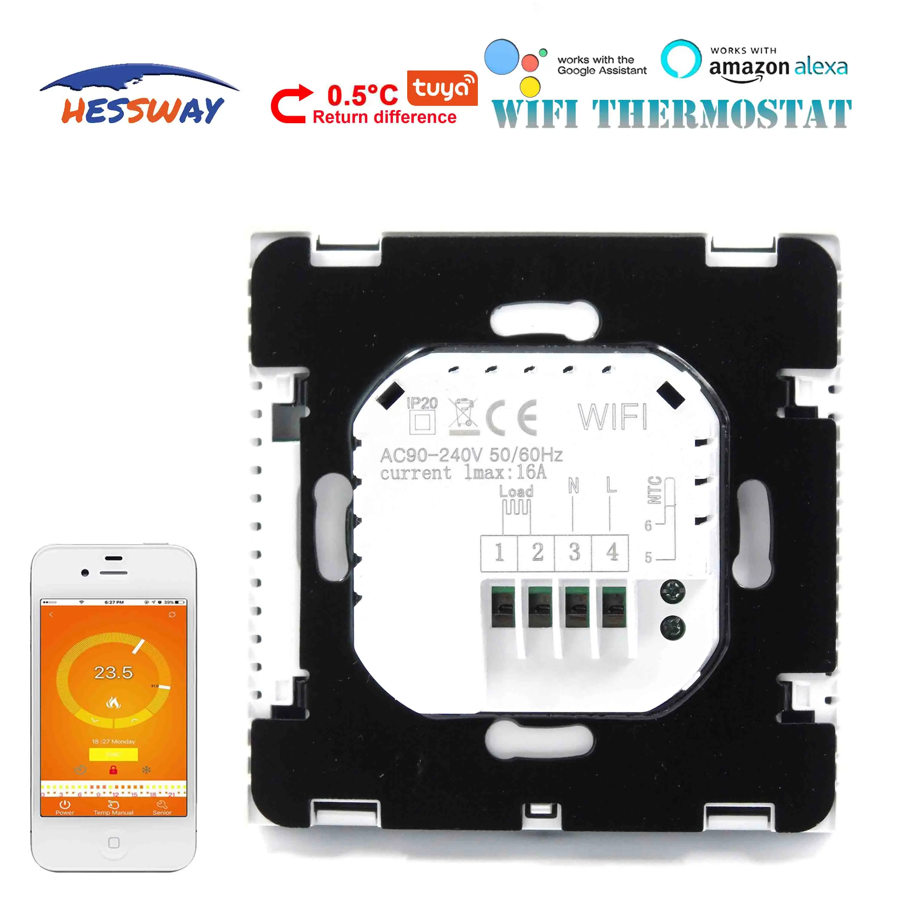 HESSWAY 90~ 240VAC 16A Еженедельный программируемый термостат для полов с подогревом wifi для двойного датчика