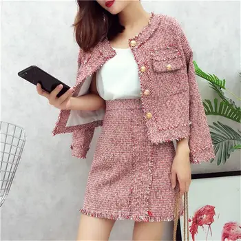 

2019 Autumn Winter Women Two Piece Set Grey Single Breasted Tweed Jacket Coat Tassel A Line Mini Skirt Suits