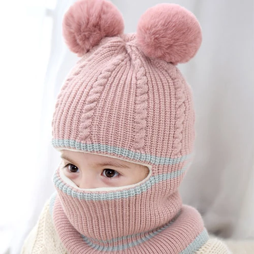 Детская шапка-шлем снуд зимняя кепка для мальчики с помпоными шапки для девочики шапочки для новорожденных HT074 - Цвет: pink pompom