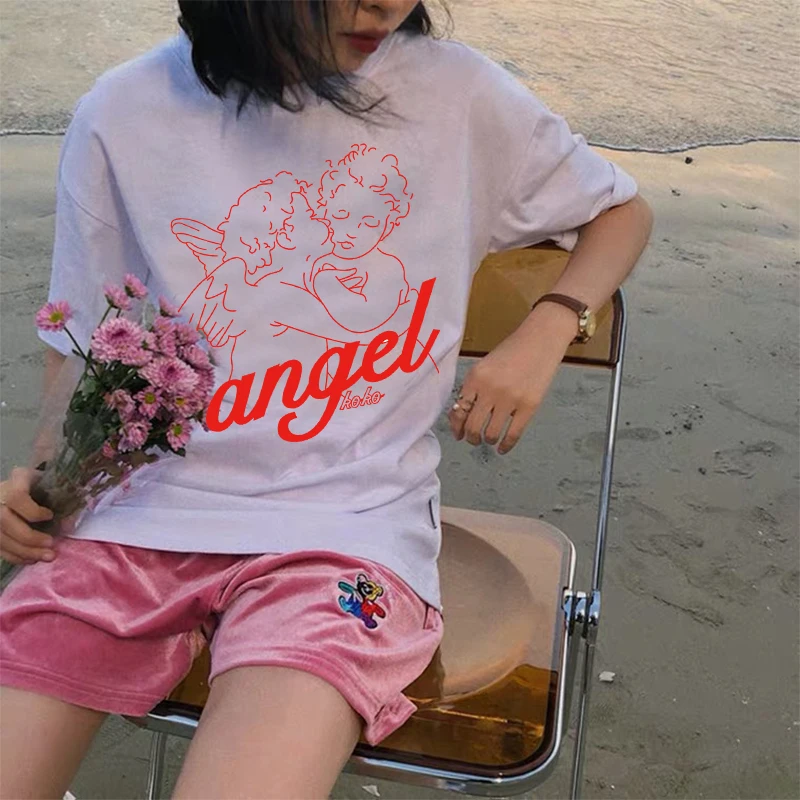 

Summer Loose Short Sleeved Casual Clothing Pink Cotton Top Tees Cherub T Shirts Fashion Kawaii Angel T Shirts