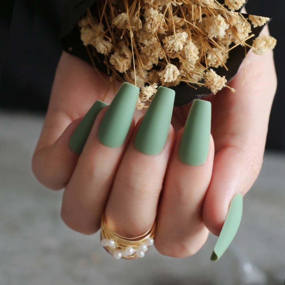 Matte Mint Green Stiletto Long Salon Art Diy False Nails Blue Red Black Ins Colors Long Salon Coffin Fake Nails 24pcs False Nails Aliexpress