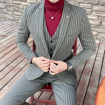 

Gzdeerax Stripe Men Suit (blazer+vest+pants) 3 Piece Luxury Single Breasted Mens Suits Wedding Groom Slim Mens Suits With Pants