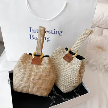 

Mini Straw Women's Bucket Bag 2020Summer Lady Fashion Crossbody Messenger Chain Shoulder Bags Bohemian Travel Handbag for Female