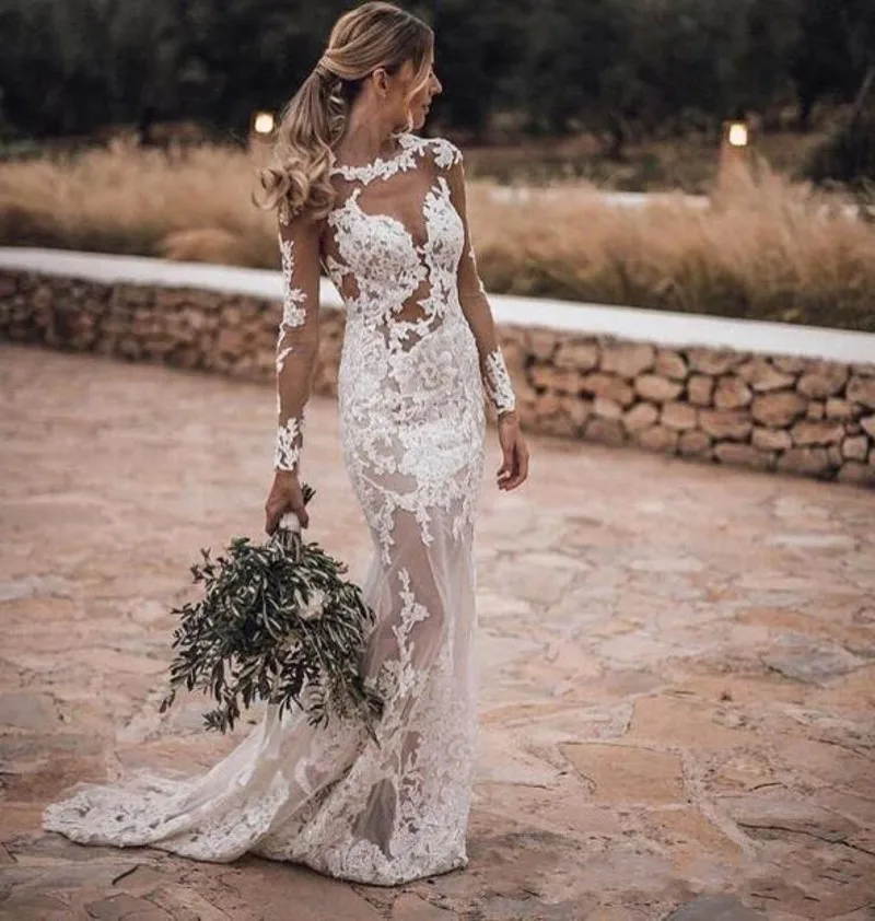 

Sexy See Through Lace Applique Bohemian Mermaid Wedding Dresses Cheap Long Sleeves See Through Beach Boho Bridal Gowns