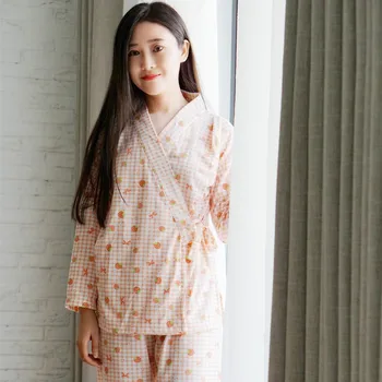 

XIFER Spring and Autumn Japanese Kimono Cotton Sleepwears Women Long-sleeved Suit Plus Size XL Pajamas Ladies Home Service