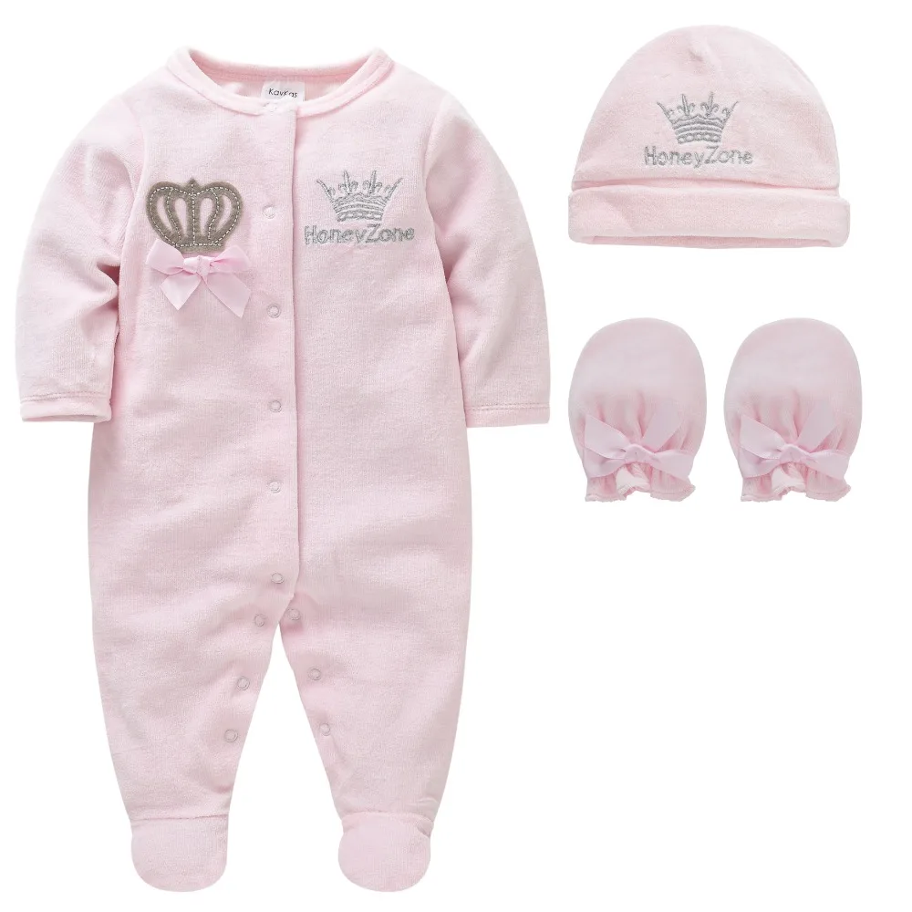 Baby Girls Boys Rompers Royal Crown Clothing Sets with Cap Gloves Infant Newborn One-Pieces Footies Overall Pajamas Velour Baby Clothing Set