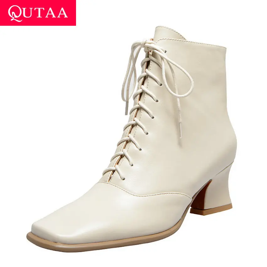 

QUTAA 2020 New Autumn Winter Cow Leather Square High Heel Concise Ankle Boots Square Toe Lace Up Zipper Women Shoes Size 34-39