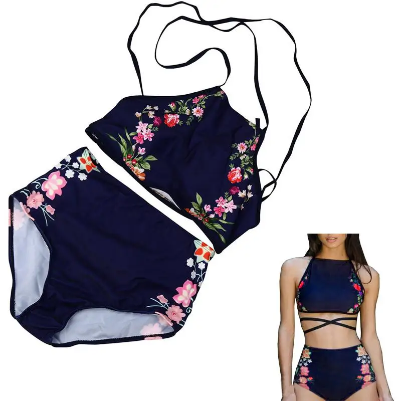 

1set High Neck Bikinis Women Swimwear High Waist Swimsuit Retro Print Floral Crop Top Halter Bikini Set Bating Suit