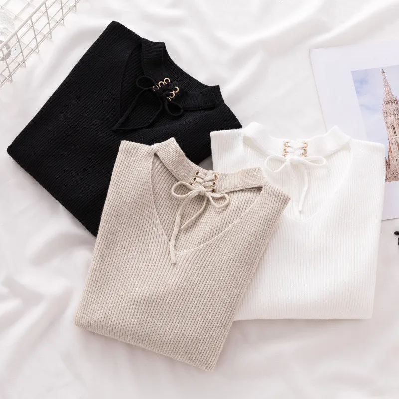 

Long Sleeve Sweater Women New V Neck Lace Up Fashion Sweaters Solid Pullover Slim Ladies Tops Knitted Jumper Leisure Pull Femme