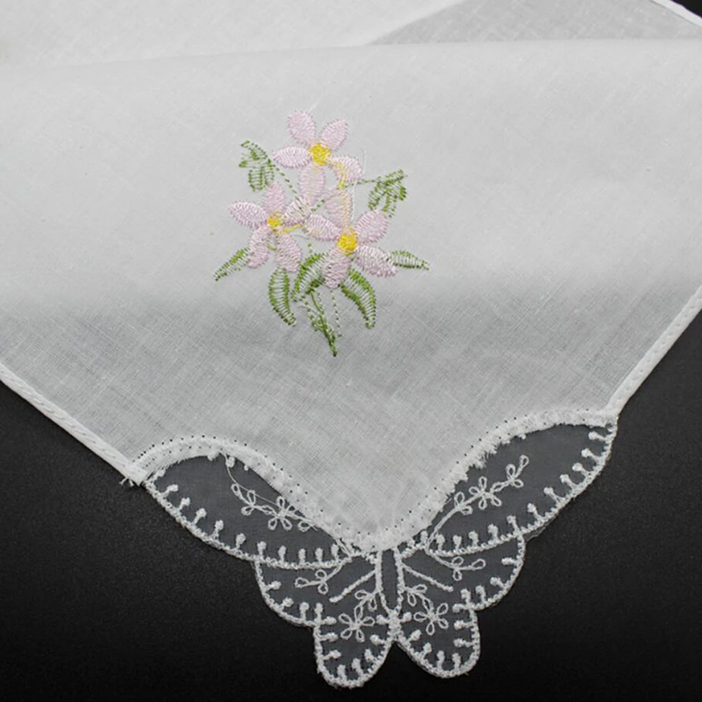 5pcs Womens 27 cm Cotton Hankies Thin Floral Embroidered Lace Handkerchief Hanky Lady White Pocket Square Scarves носовые платки