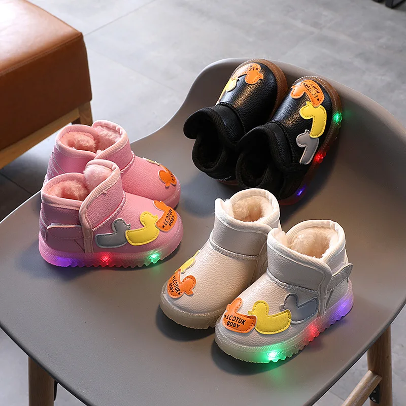  Toddler Kids Led Shoes Winter Luminous Cotton Light Boots Snow  Shoes Girls Boys Snowproof Fleece (Beige, 6 Infant)