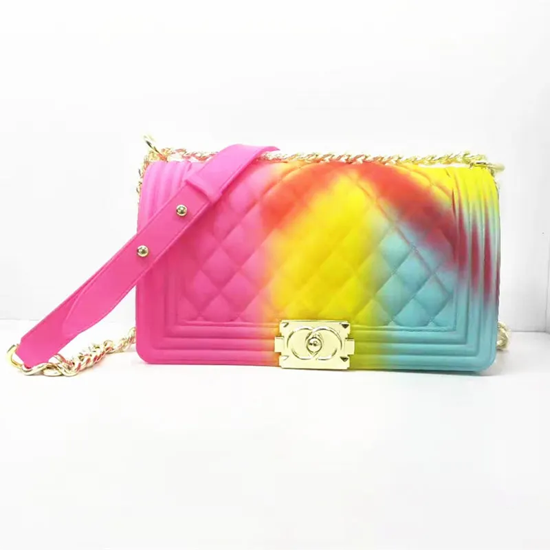 

Fashion Rainbow Rhombus Chain Jelly Bag Ladies Handbag Candy Color Gradient Messenger Bag Women's Mini Shoulder Bag Clutch Bags