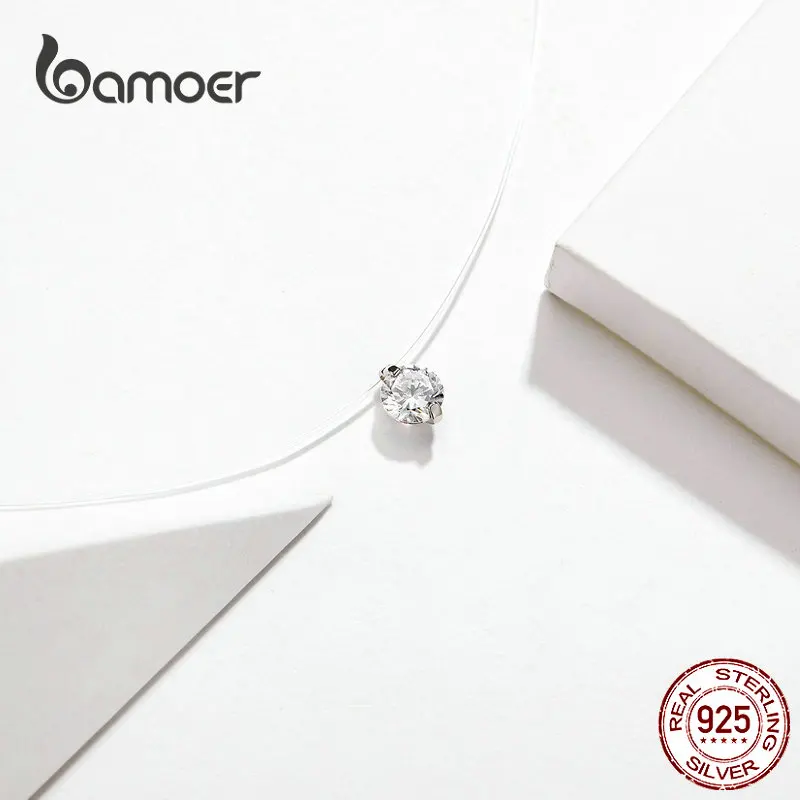 Bamoer 925 Sterling Silver Invisible Chain Necklaces Pendants Choker  Transparent Shiny Zircon Couple Dating Accessories SCN332