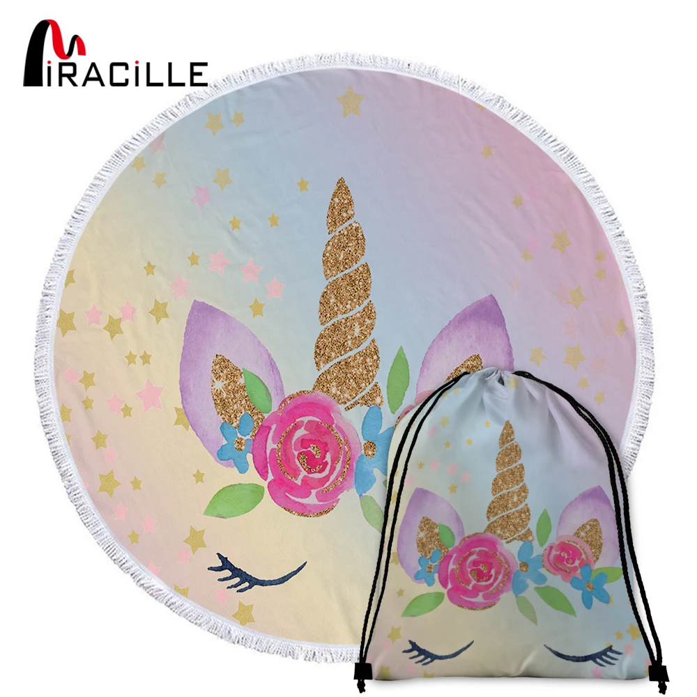 Пляжное полотенце Miracille Unicorn 150 см большое круглое банное с мультяшным принтом для