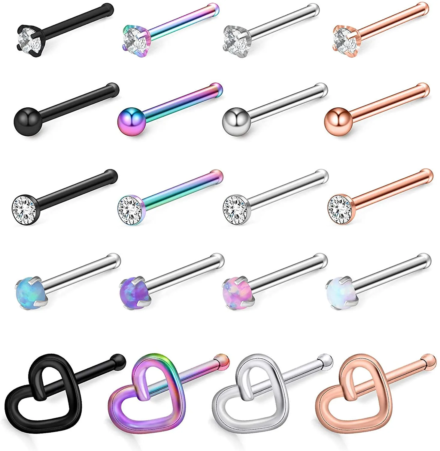 

20G Surgical Steel Heart Flat Ball Opal Clear CZ Nose Stud Rings Bone L-Shaped Screw Piercing Jewelry 4-20PCS
