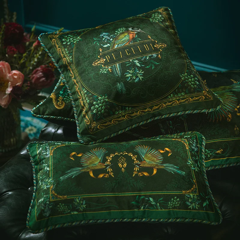 

2022 наволочка для подушки декоративный чехол для подушки художественный античный сад цветок птица зеленый золотой принт роскошный бархатный диван