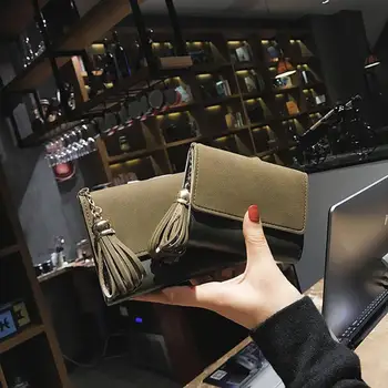 

Exquisite Women Coin Purse Ladies Multi-function Soft Square Buckle Wallet Portable Splicing Solid Tassel Fashion Card Bags