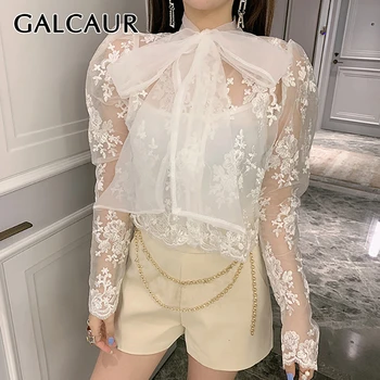 

GALCAUR Embroidery Perspective Mesh Women's Two Piece Sets Bownot Collar Puff Long Sleeve Autumn Female Suits Fashion 2020 Tide