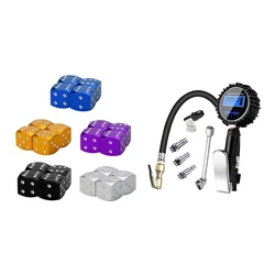 Fashion20pcs Car Tire Valve Cap 5-Color Valve Stem Cap & 1Set LCD Tire Pressure Gauge 300PSI Digital Tire Inflator Meter