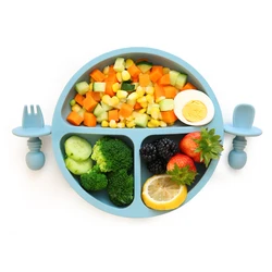 Baby Safe Silicone Plate Solid Cute Dishes Suction Toddle Training Tableware Kids Feeding plates set with Fork Spoon Dropship