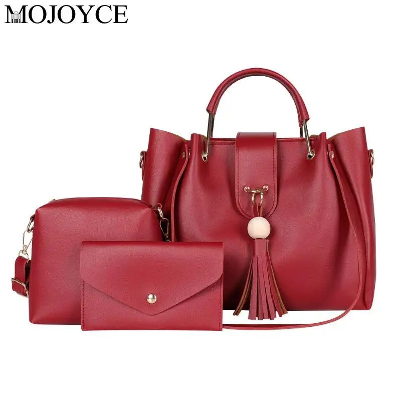 cheap 3Pcs Multifunction Solid Color Women Handbag Set Leather Shoulder Tote Large Capacity Casual Lady Leather Tassel Crossbody Bag