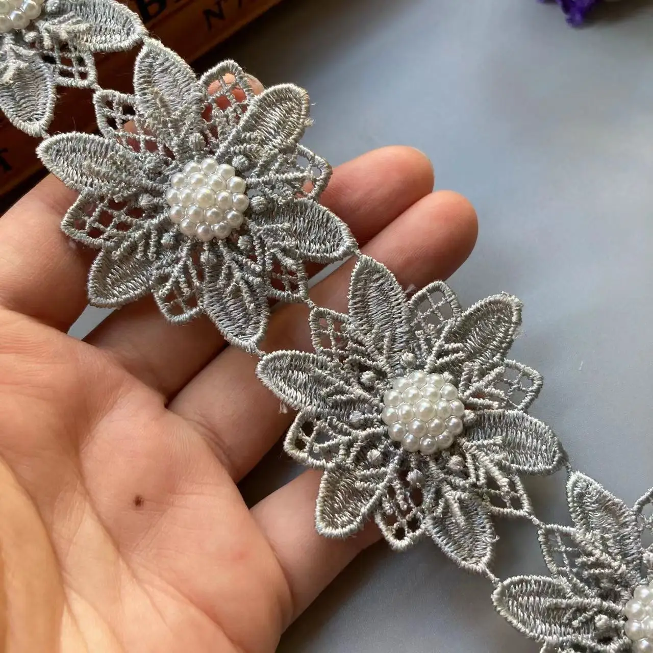

10x Gray 5cm Snowflake Flower Pearl Beaded Lace Trim Ribbon Handmade Embroidered Double Layered Applique Dress DIY Sewing Craft
