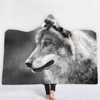 

Wolf Sherpa Hooded Blanket Animal Sofa Throw Blanket Warmth Soft Air Conditioning Blanket Hood Comfort Machine Wash Blankets