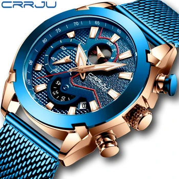 

2019 CRRJU New Mesh Band Watch Fashion Waterproof Chronograph Men Wristwatch Casual Sport Blue Calendar Clock Relogio Masculino