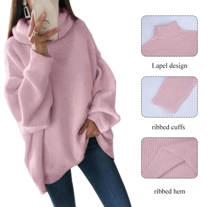 SFIT Casual Loose Autumn Winter Turtleneck Sweater Women Solid Knitted Sweaters Warm Long Sleeve Pullover Sweater Black Pink