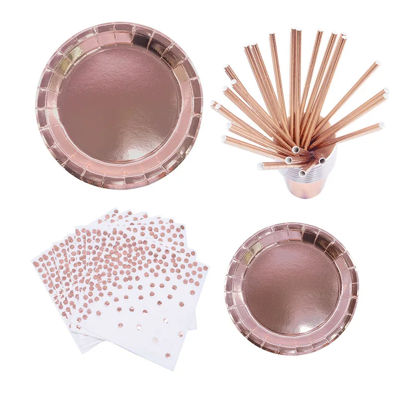 

8pcs Rose Gold Plates Cups Dot Napkin Striped Paper Straws Disposable Party Tableware Set For Wedding Birthday Party Decoration