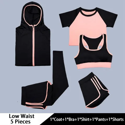 Low waist pink 5 шт., комплект для йоги, спортивный костюм для фитнеса, спортзала, спортивная одежда, быстросохнущие спортивные костюмы для йоги, бега, бюстгальтер, штаны для бега, Xxxl - Цвет: Low waist pink