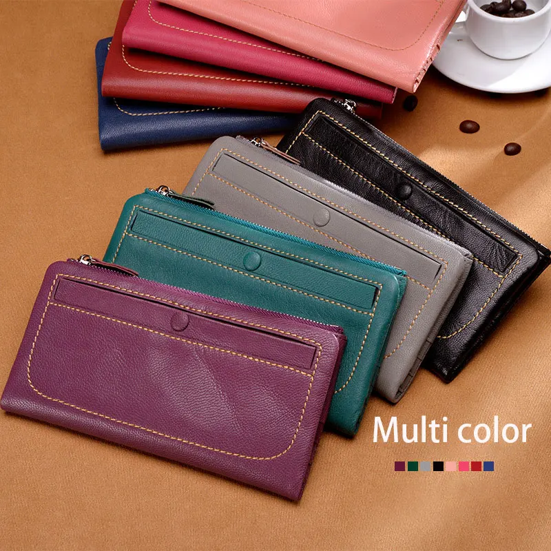 

Hot Sale Elegant Ladies Wallet Long Genuine Leather Soft Sheepskin Women Purse Multifunctional Ultra-Thin Two-Fold Zipper Casual