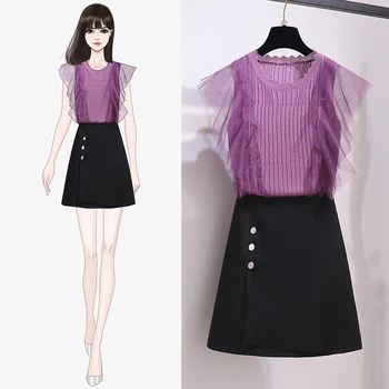 

2020 Summer Mesh Patchwork Sleeveless Knitted Top Mini Bodycon Black Skirt Two Piece Women's Sexy Suits Dress