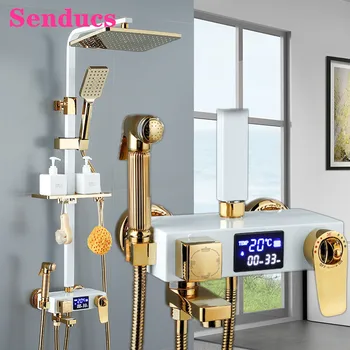Cheap Senducs Digital Shower System Quality Brass Bathtub Mixer Tap Square Rainfall Shower Head White Gold Thermostatic Shower Set