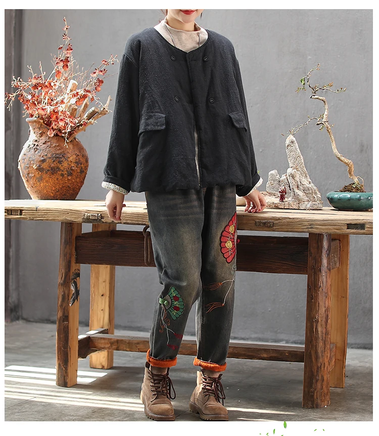 Women Jeans Autumn Winter Retro Elastic Waist Fleece Warm Denim Pants New Ladies Patchwork Loose Casual Trousers