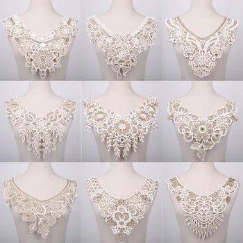 

1Pc Gold White Lace Fabric Flower Lace Neckline Collar Embroidery Lace Trimming DIY Applique Sewing Lace Fabric